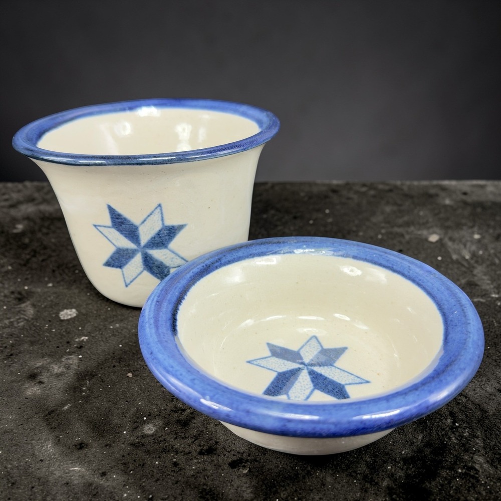 Brinker Pots Dip Crock Set Blue Star Stoneware Pottery Kansas City 1996 2pc